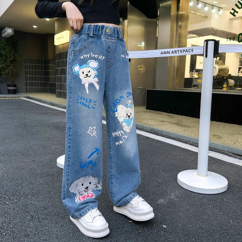Jeans for Girls Fashion Cartoon Printed Long Denim Trousers Teens Kids Cute Dog Pattern Wide Leg Pants 5 7 9 11 13 14Y 240701