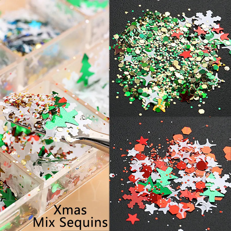 Merry Christmas Flakes Nails Art Glitter Green Red Xmas Sequins White Snowflakes Stars Paillette Winter Manicure Decoration #SDF 240701