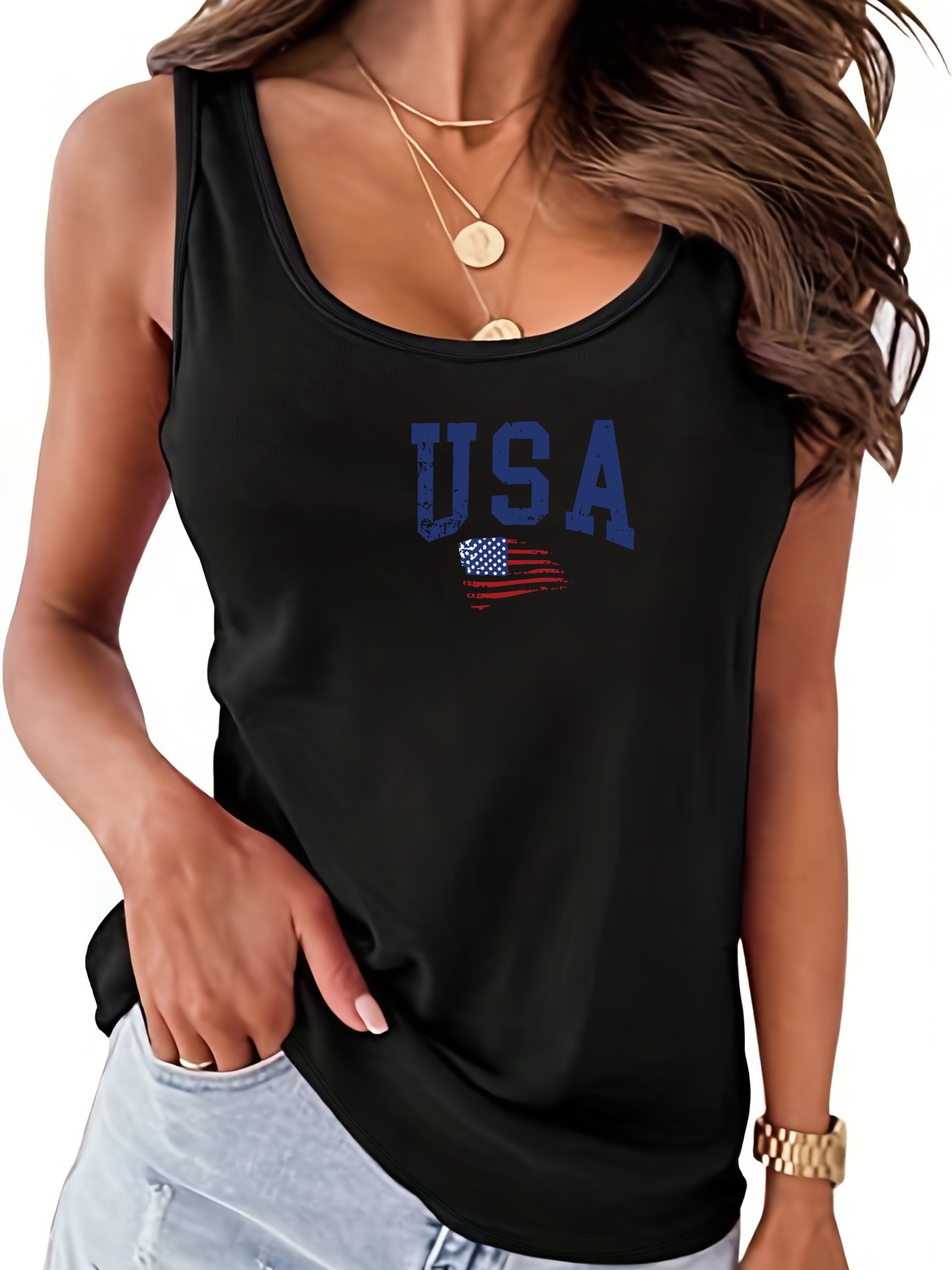 tops t shirt women clothes woman top Women USA Flag Printed American Flag Sleeveless Top Crew Neck Spandex Polyester Casual Letter Print SIZE S-2XL T-