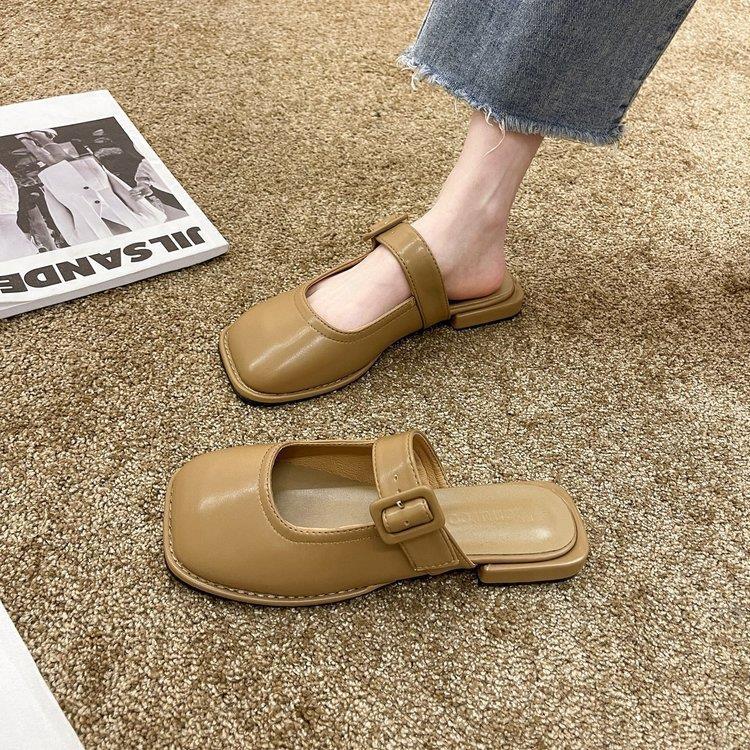 Korean mango head sandals for women to wear 2022 spring and summer new gentle wind baotou flat bottom square toe semi-slippers women's shoes