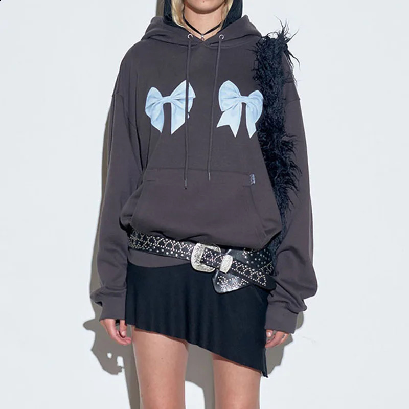 Korean Fashion Bow Print Women Hoodie Kawai Harajuku Casual Streetwear Aesthetic Y2K Pullover Loose E-girl Jacket Couple Tops 240701