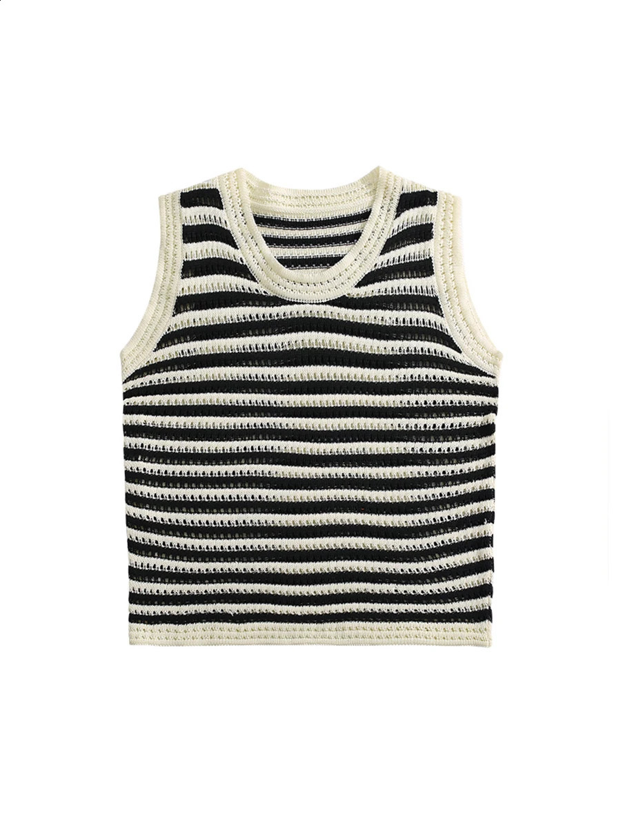 Mens O-neck Sleeveeless Striped Knitted Vests Tops Trendy High Street Summer Simple Loose Casual All-match Sweater Waistcoat 240701