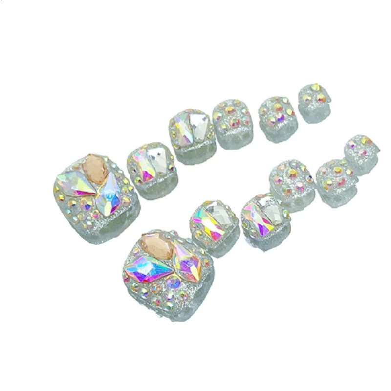 24pcs Colorful Diamond Fake ToeNails Short Square Summer Aurora Silver Sparkling False ToeNails Press On Manicure Feet Nail Tips 240914