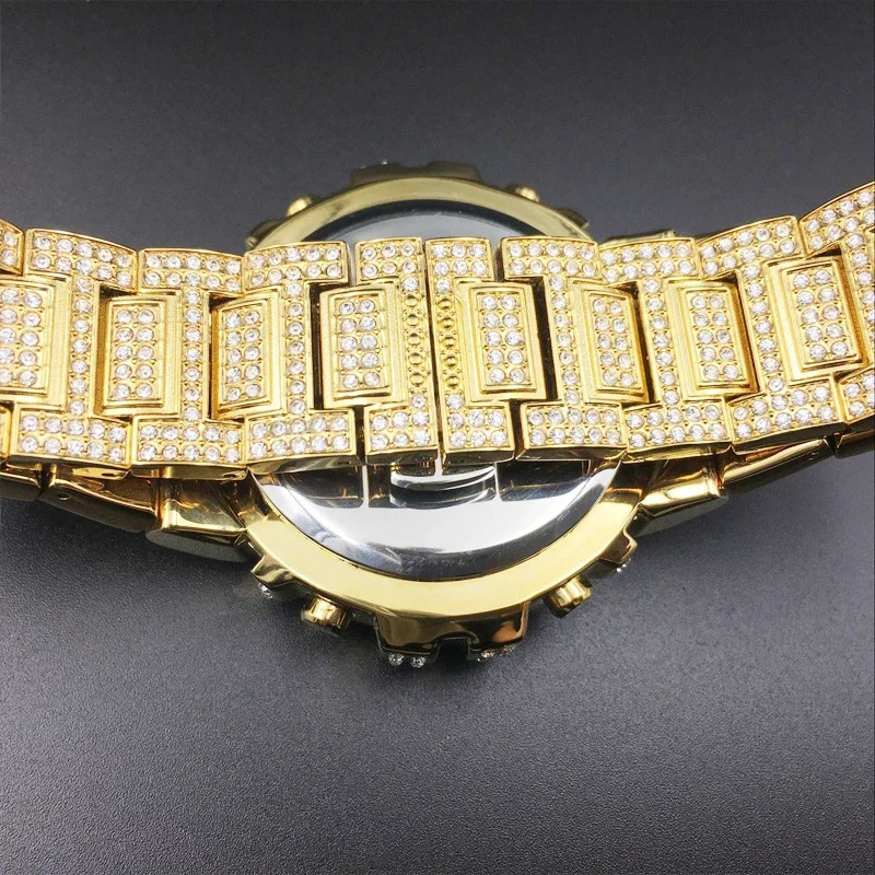 Drop 18k Gold Watch Men Full Diamonds Mens Quartz Watches LED Digital Male Clock Hip Hop Wristwatches Reloj Hombre Gift 240626