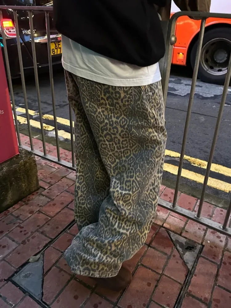 Y2k Leopard Jeans Pants Men Oversized Panther Print Jean Wide Leg Pant Fashion Trendy Retro Loose Man Hipop Baggy Jean Trousers 240701