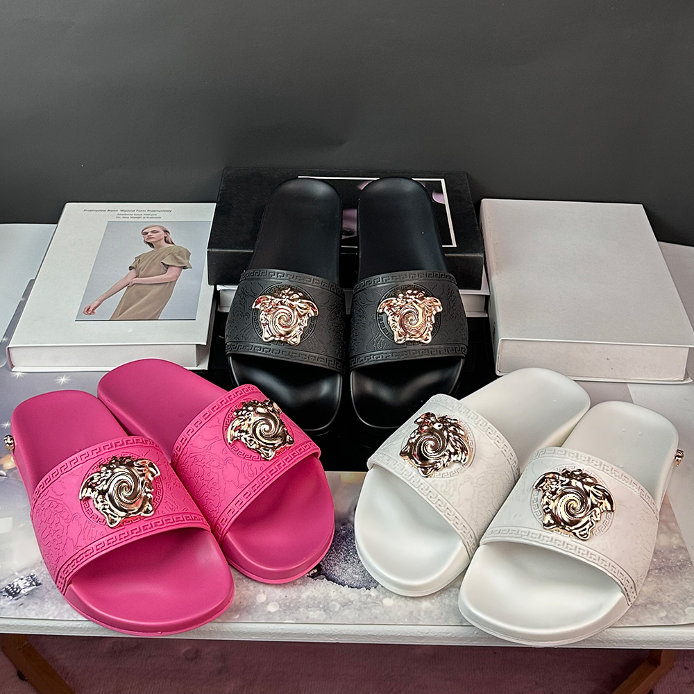 summer men slipper and women sandal black pink classic designer slide versacce versace versace2 head leather genuine rubber s
