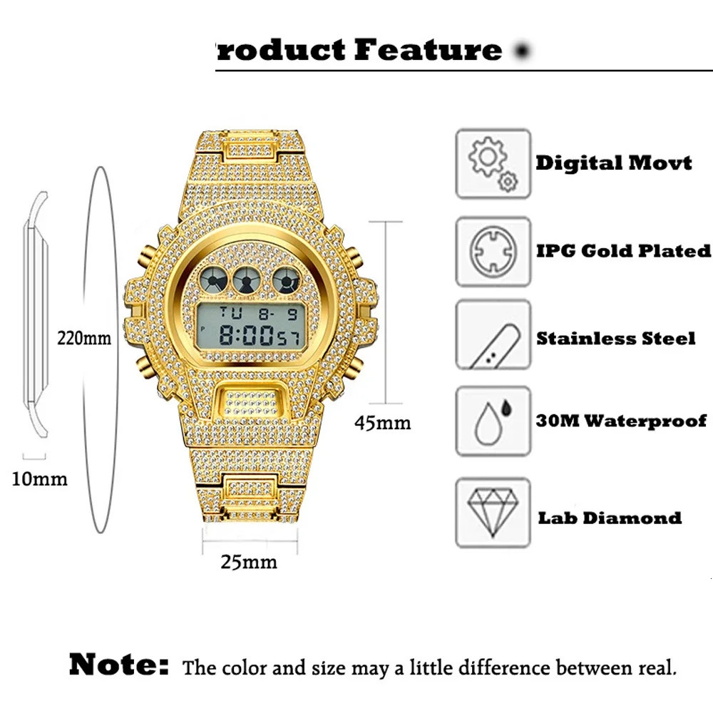 Drop 18k Gold Watch Men Full Diamonds Mens Quartz Watches LED Digital Male Clock Hip Hop Wristwatches Reloj Hombre Gift 240626