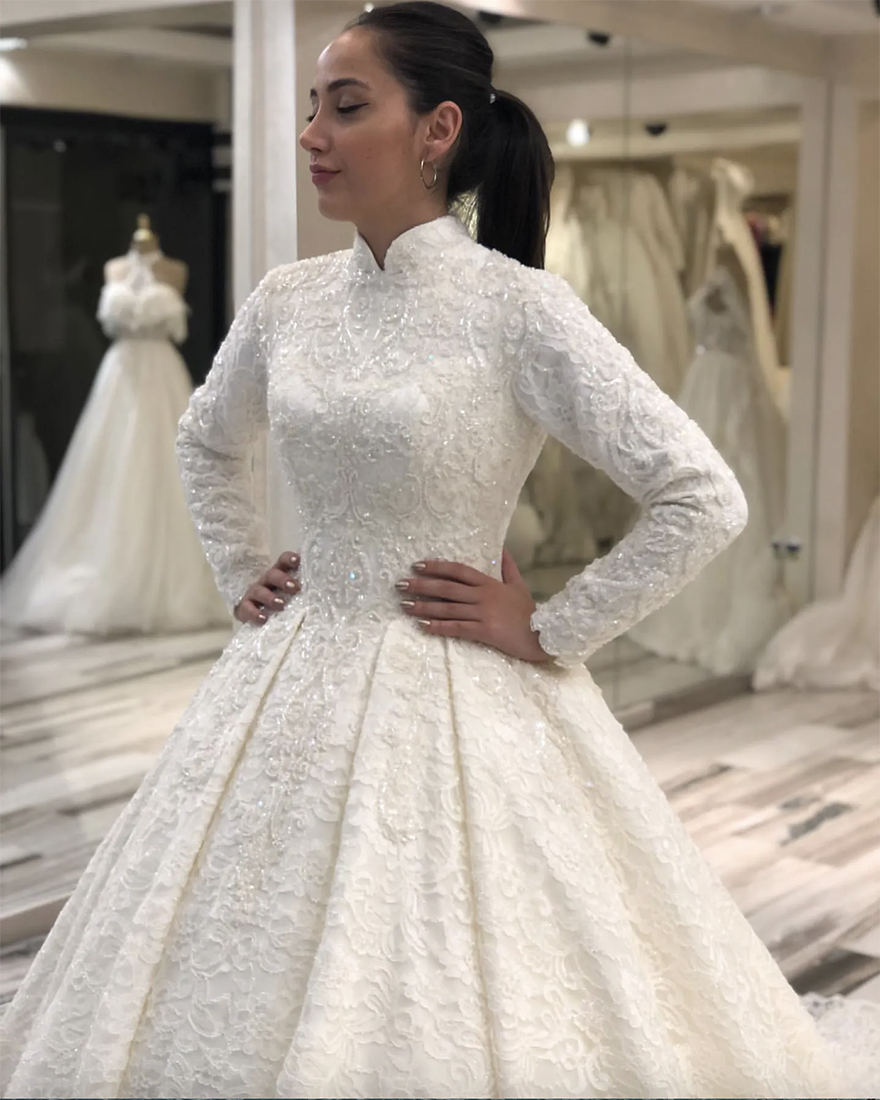 arabic muslim lace beaded wedding dresses high neck long sleeves bridal dresses vintage sexy wedding gowns