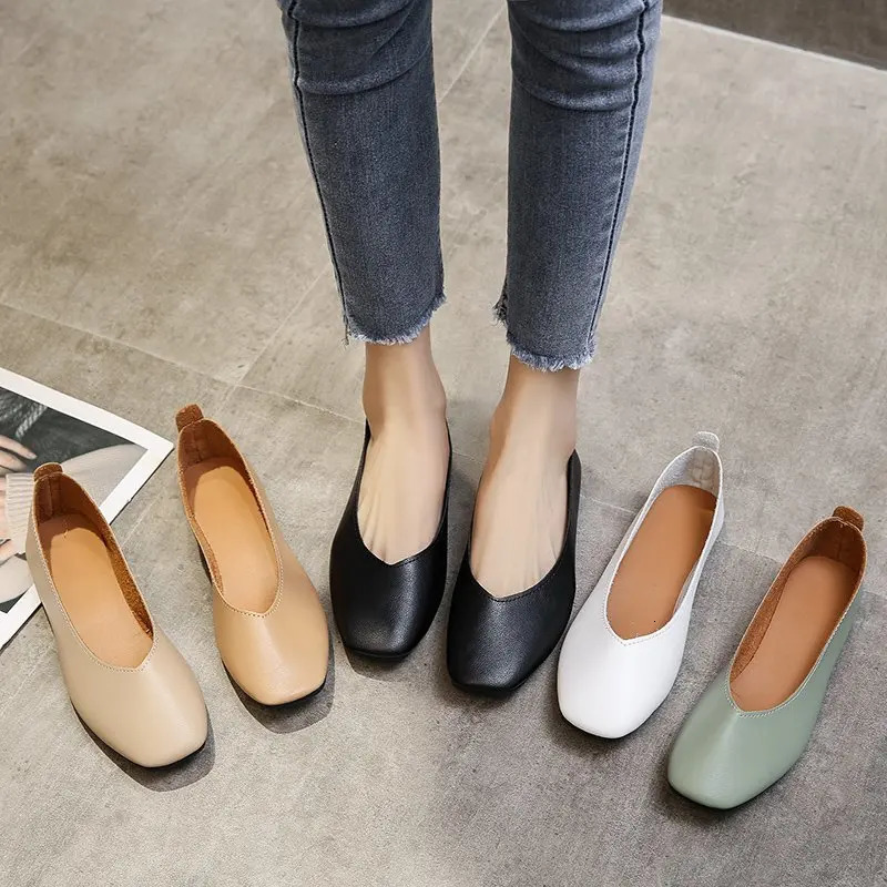 Autumn Womens Single Slip on Soft Sole Casual Office Lady Leather Shoes Loafers Fashion Square Toe Shallow Flats 240701