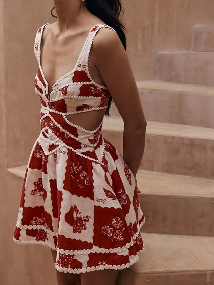 Womens Printed Cut Out Zipper Mini Dress Fashion High Waist Backless Sleeveless Dresses Female Summer Party Evening Vestidos 240627
