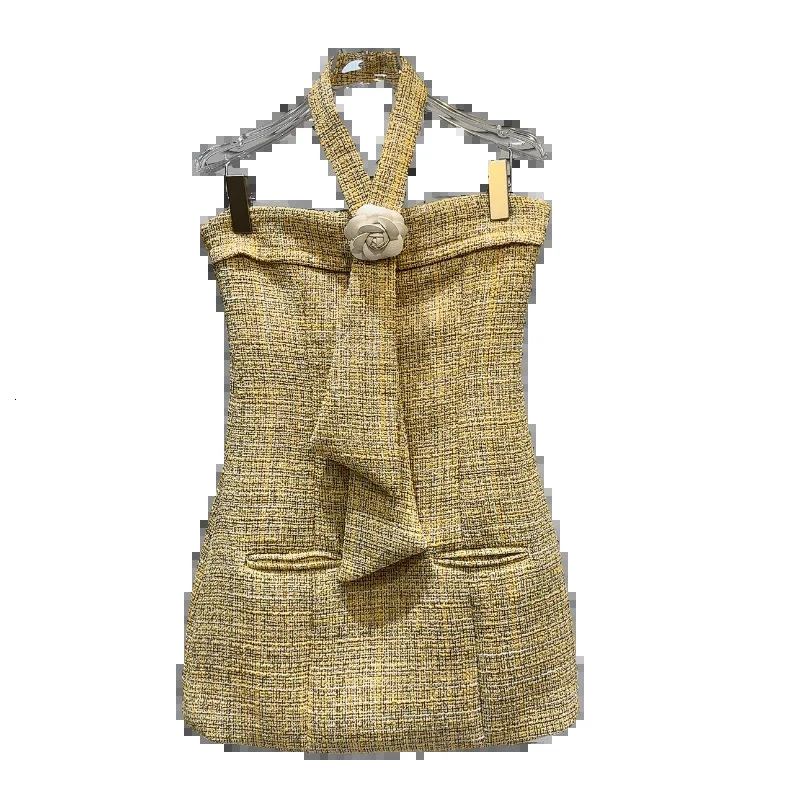 PREPOMP Summer Arrival Sleeveless Strapless Petal Applique Necktie Halter Yellow Tweed Short Mini Dress Women GP584 240625