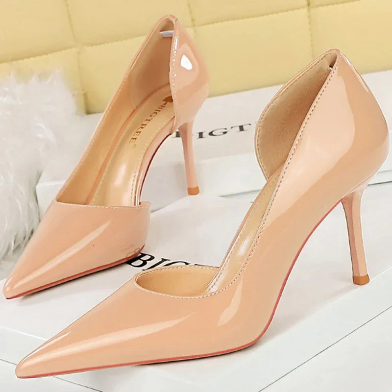 Size 34-43 Women 8cm Thin High Heels Pumps Lady Shallow Pointed Toe Mid Heels Side Hollow Patent Leather Nude Burgundy Red Shoes 240701 - view 3