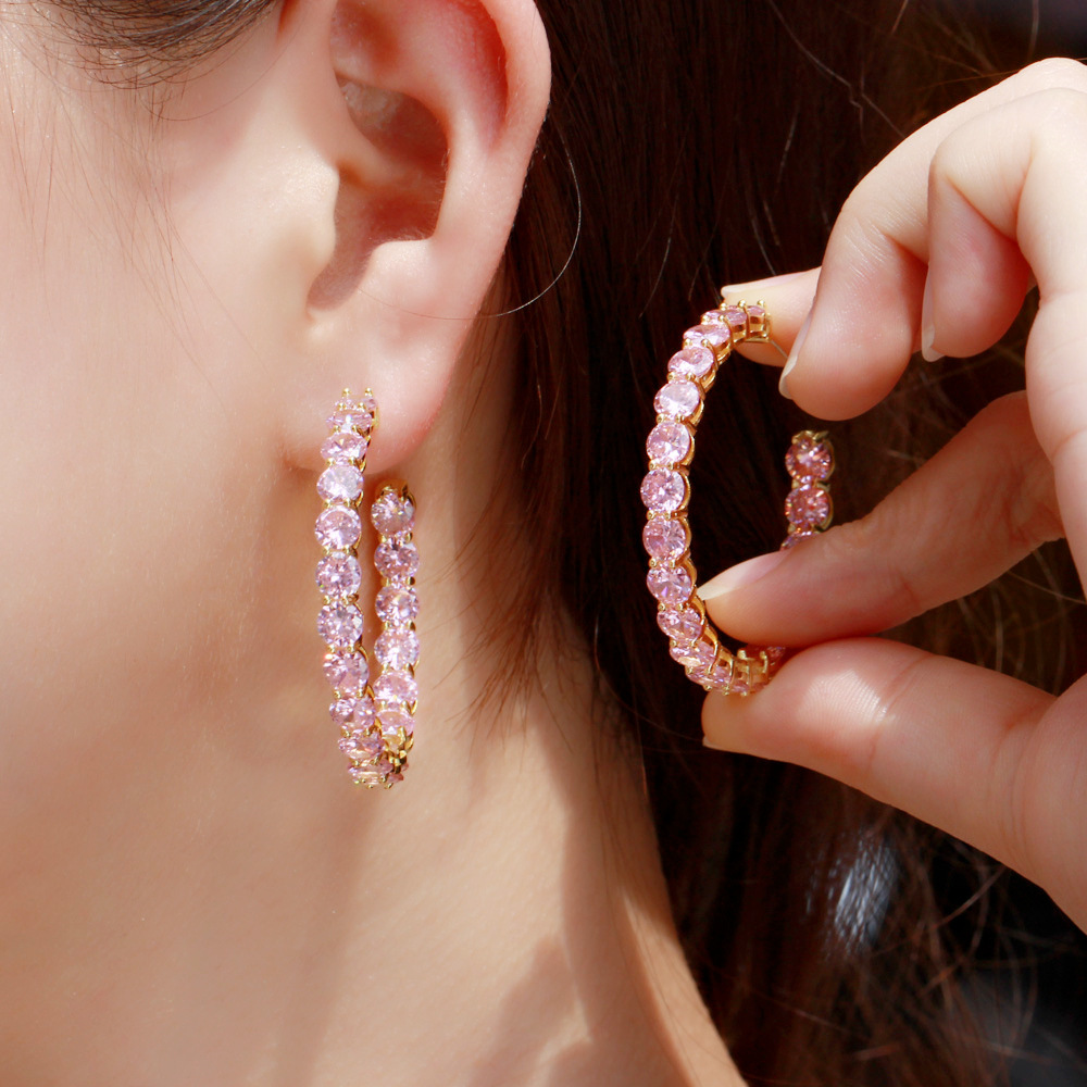 Elegant Temperament Ins Clip Earrings Sparkling Luxury Jewelry Real 925 Sterling Silver 18K Gold Round Cut Pink 5A Cubic Zircon CZ Diamond Women Weddi