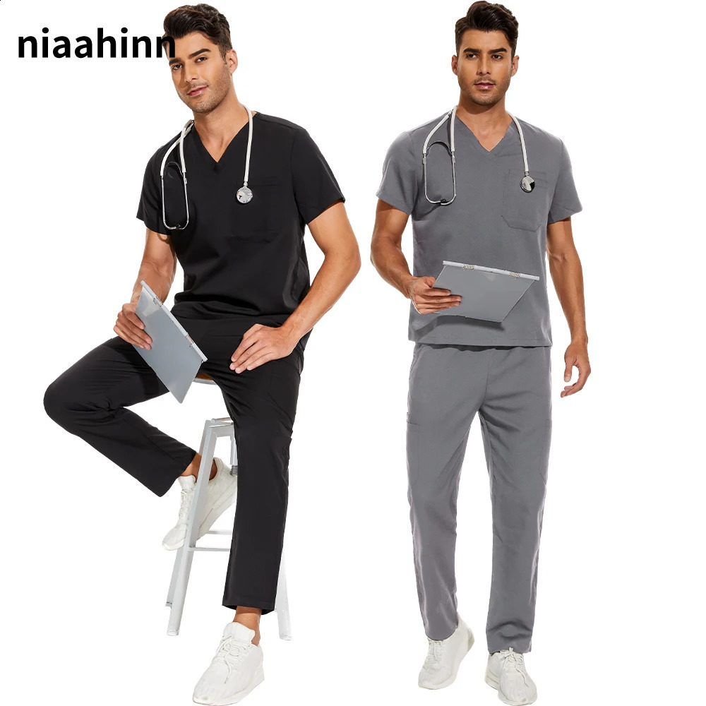 Mens Scrubs Uniform Lab Set Male Wholesale Clinic Hospital Doctor Overalls V-neck Fashion Scrub Pharmacy Nurse Clothes 240701