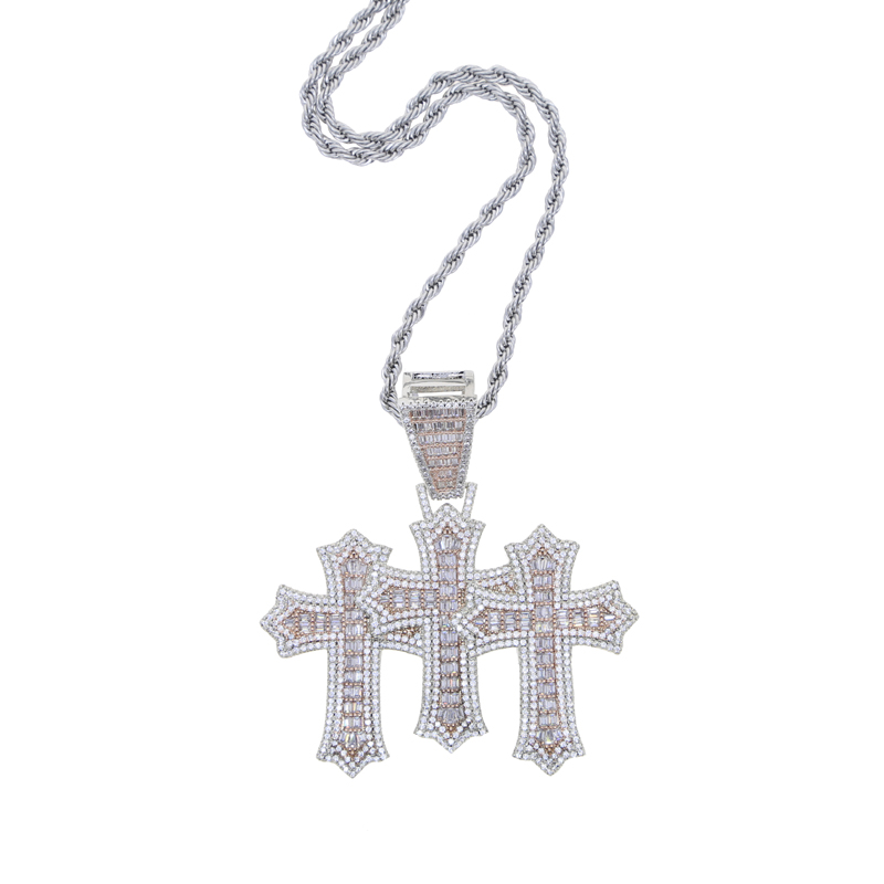 High Quality 3pcs Cross Set Pendant Necklace Iced Out Bling Cz Cubic Zirconia Link Chain Luxury Hip Hop Jewelry for Gift