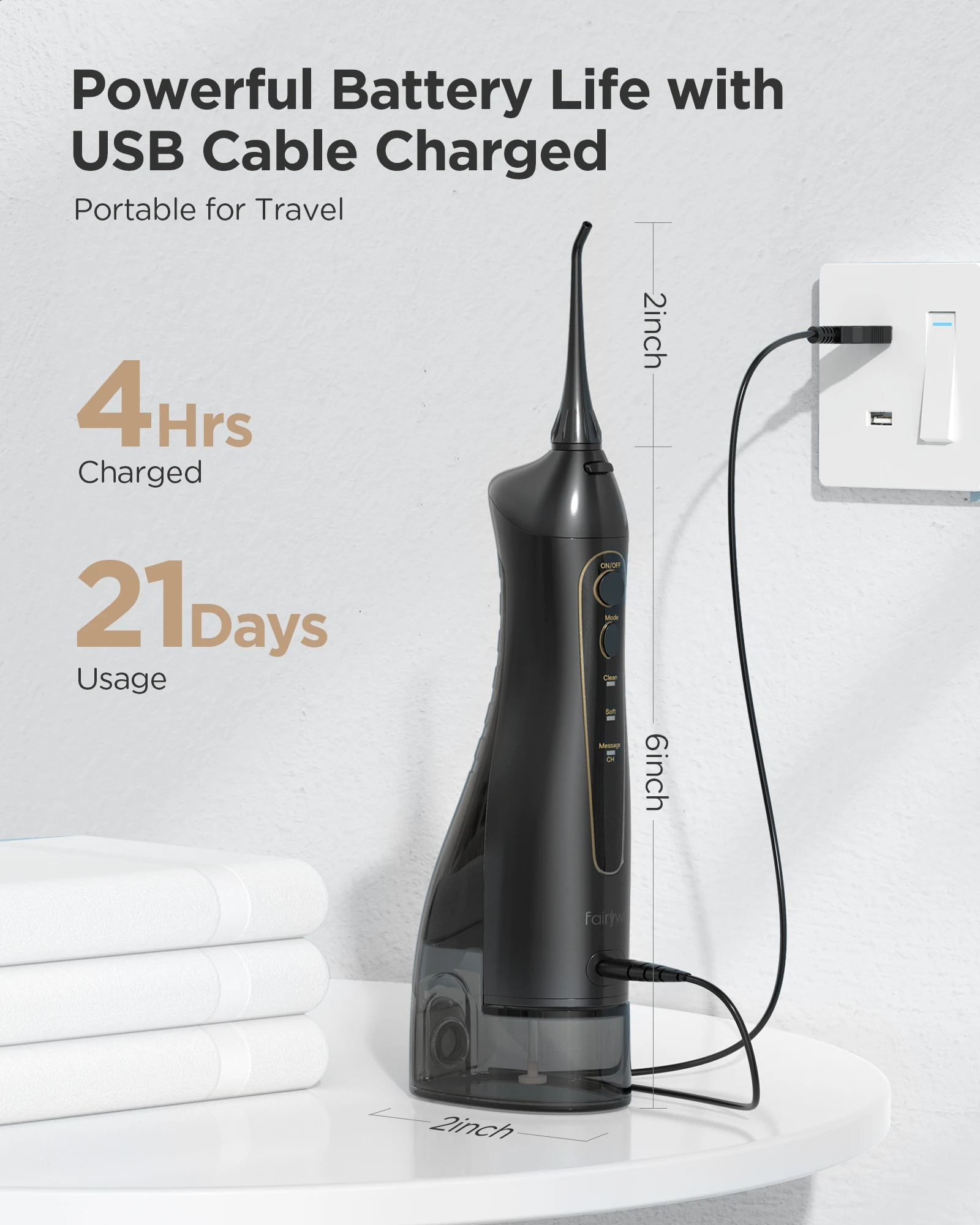 Fairywill Water Dental Flosser Teeth Portable Cordless USB Oral Irrigator Cleaner IPX7 Waterproof Electric Toothbrush 240701