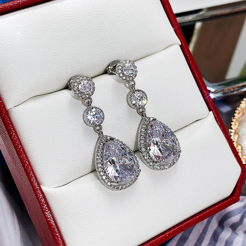 White Gold Filled Water Drop Zircon Dangle Earrings for Women Bridal Promise Jewelry Gift