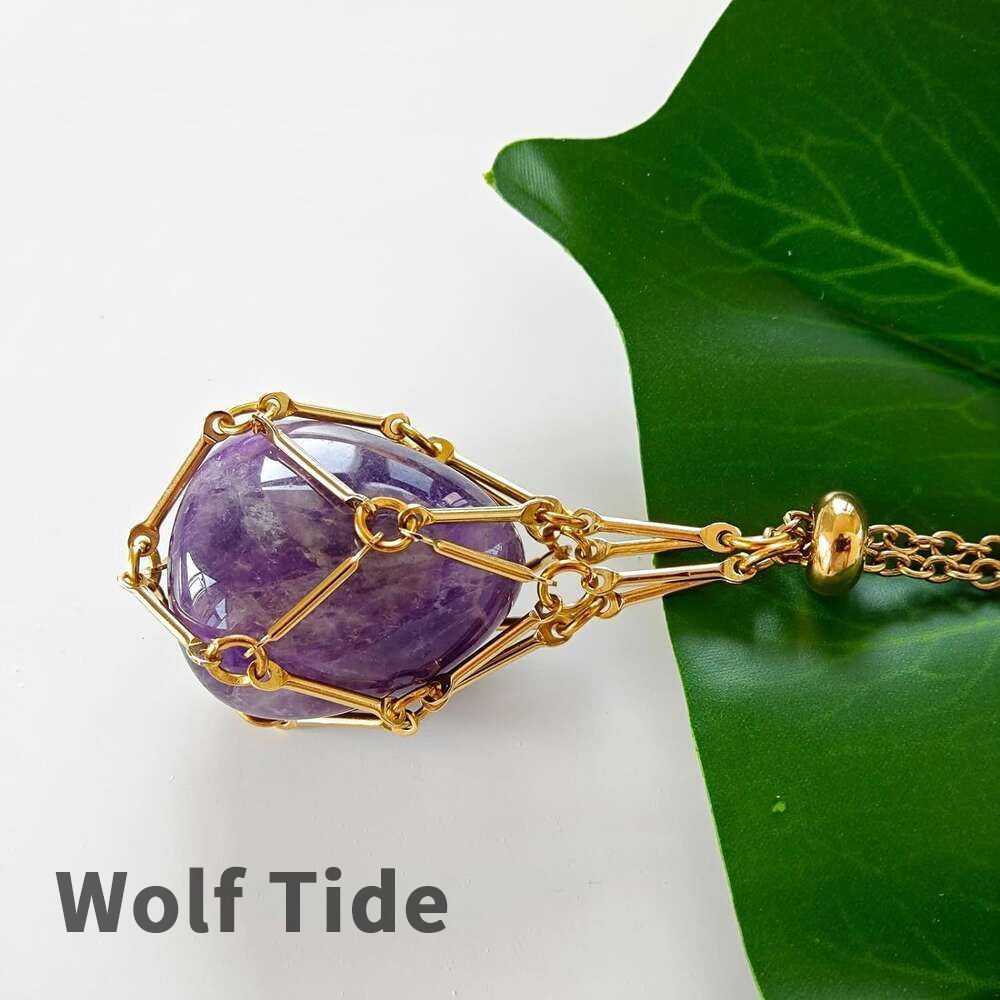 Interchangeable Natural Crystal Holder Necklace Crystal Cage Stone Pendant Aesthetic Gemstone Wolf Tide Jewelry For Men Women DIY Adjustable Weaving M