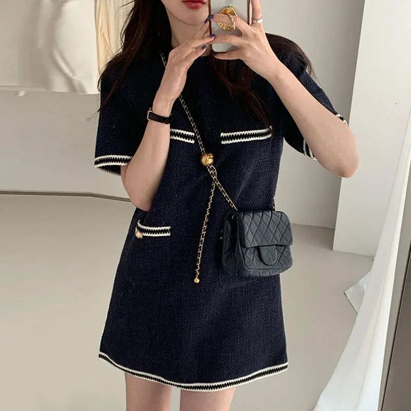 Simple O Neck Contrast Pocket Loose Short Sleeve Tweed Dress Women Vestidos Mujer Elegant Wrap Hip Y2k Korean Robe 240625