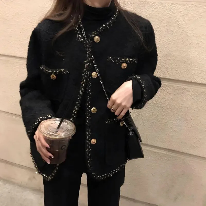 Elegant Slimming Tweed Style Jacket For Women Spring Autumnwinter Collection Lightweight French Style Crew Neck Jacket 240701