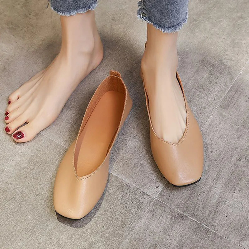 Autumn Womens Single Slip on Soft Sole Casual Office Lady Leather Shoes Loafers Fashion Square Toe Shallow Flats 240701