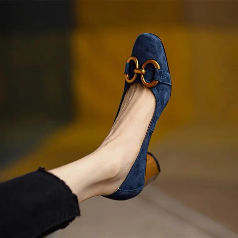 Women Spring Pumps Fasion French Retro Square Toe Brushed Metal Thick Medium Heels Boat Female Slip-on Professional Shoes Mujer 240702
