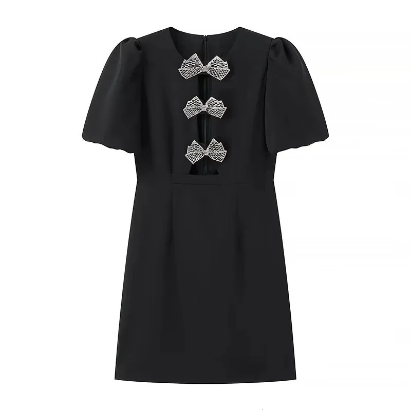 TRAF 2024 Red Black Mini Dress Woman Rhinestone Cut Out Short Dresses For Women Summer Short Puff Sleeve Elegant Party Dresses 240701
