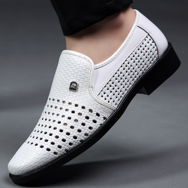 Leather men's sandals, leather shoes, summer leather sandals, men's holes, breathable, cut-outs, white business formal casual shoes