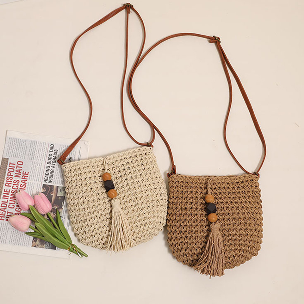 Women All-Match Bag with Tassel Small Straw Crossbody Bag Roomy Hobo Bag Casual Shopper Bag for Daily Office Use Solid Color Bag