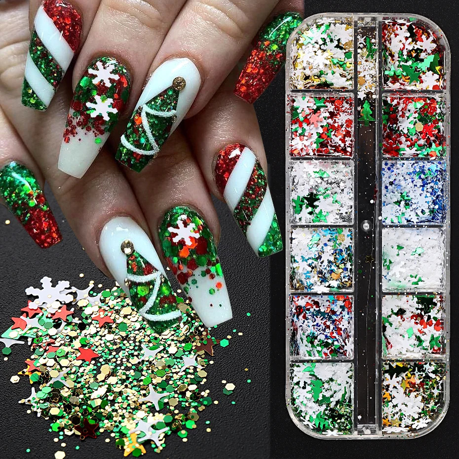 Merry Christmas Flakes Nails Art Glitter Green Red Xmas Sequins White Snowflakes Stars Paillette Winter Manicure Decoration #SDF 240701