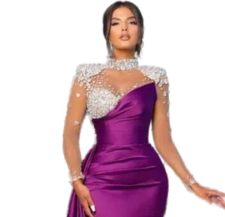 2024 Plus Size Purple Mermaid Prom Dresses For Special Occasion Beaded Crystals Satin Evening Formal Party Second Reception Birthday Engagement Gowns 