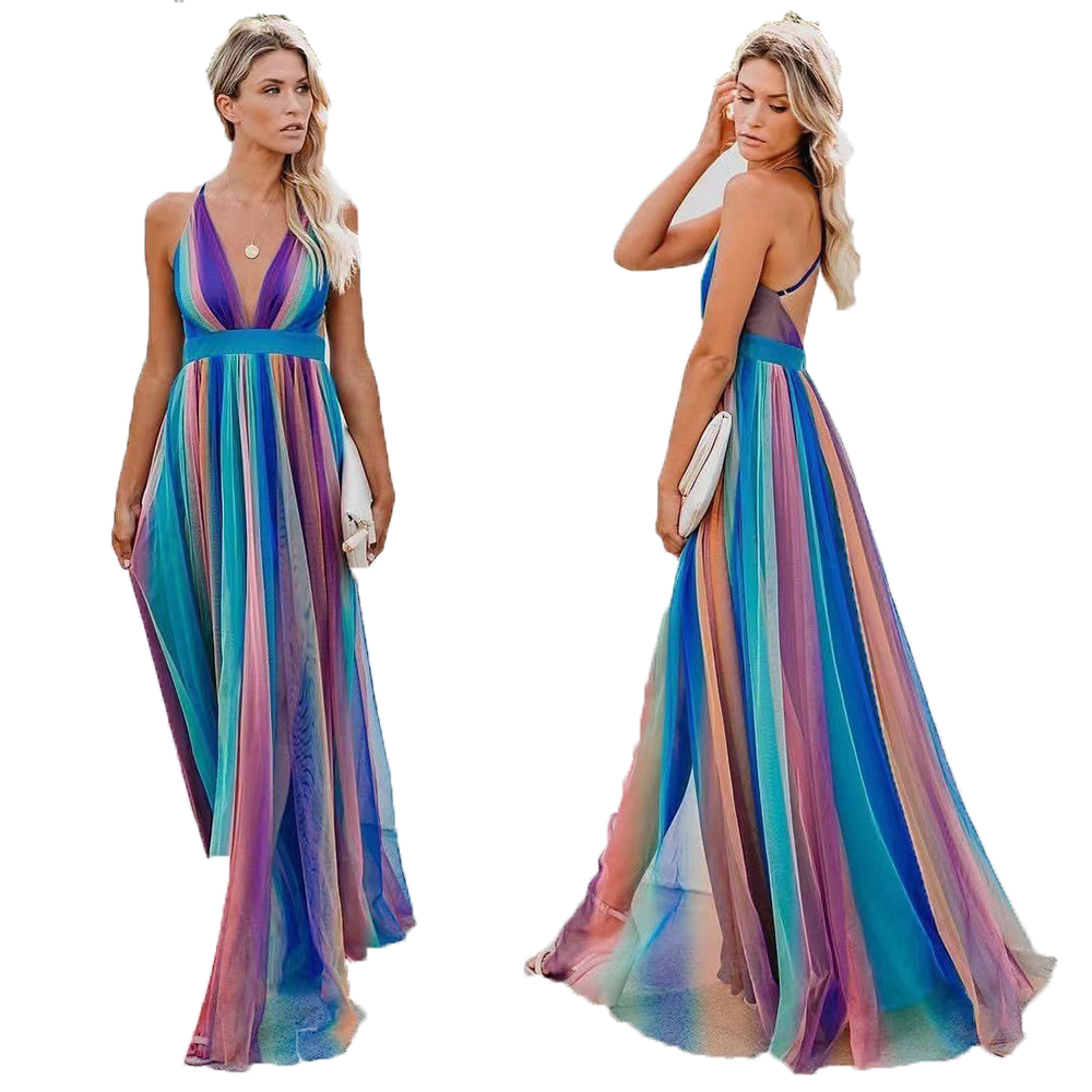 vestidos partydress robe vestido LGBTQ Pride Flag Rainbow Stripe Beach Dress Chiffon Polyester Empire V-Neck Tiered SIZE S-2XL chinese dress femme wom