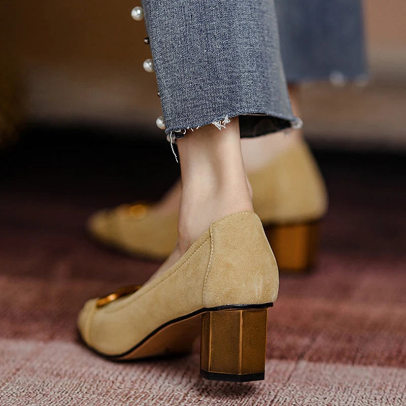 Women Spring Pumps Fasion French Retro Square Toe Brushed Metal Thick Medium Heels Boat Female Slip-on Professional Shoes Mujer 240702