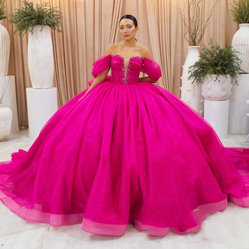Rose Red Shiny Quinceanera Dresses Ball Gown Off the Shoulder Beaded Crystal Tull Mexican Sweet 16 Dresses 15 Anos