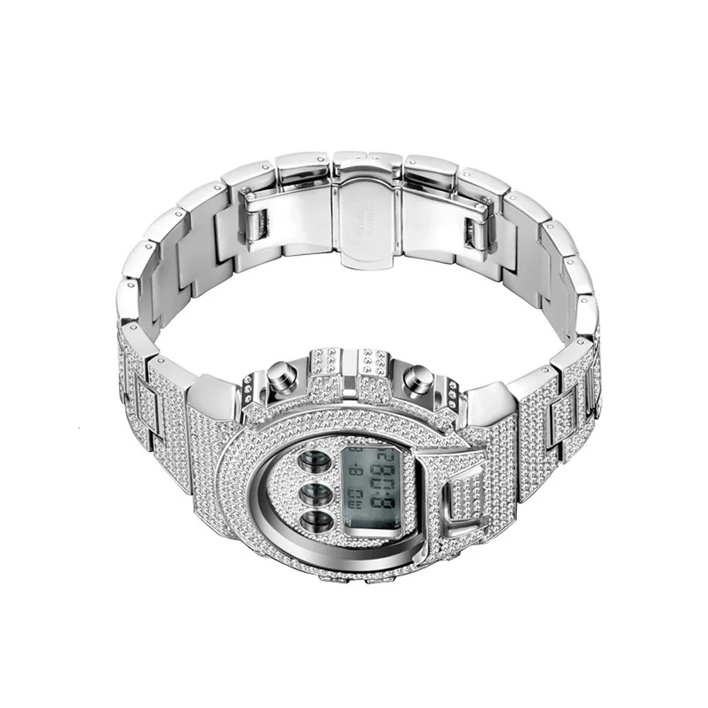 Drop 18k Gold Watch Men Full Diamonds Mens Quartz Watches LED Digital Male Clock Hip Hop Wristwatches Reloj Hombre Gift 240626