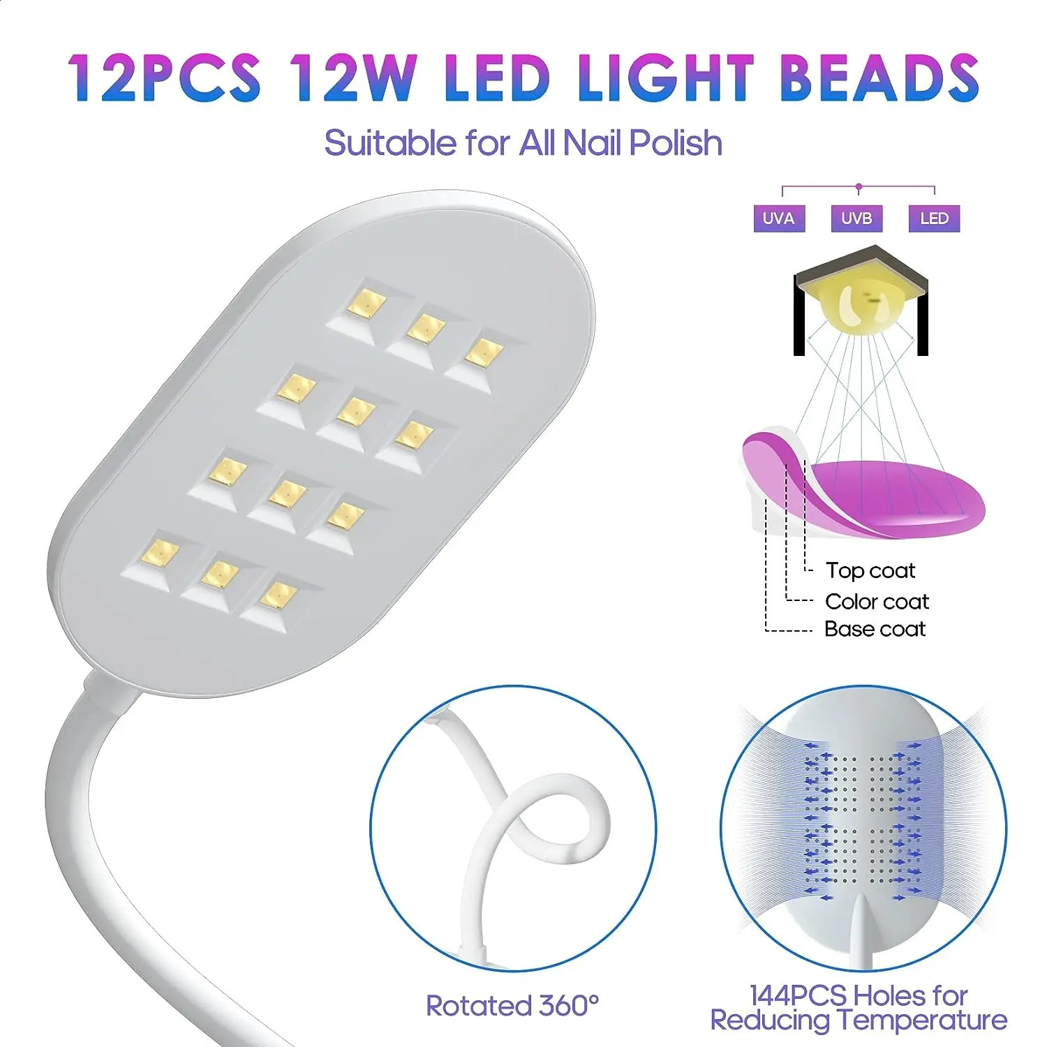 LED Nail Lamp 12W Rechargeable Portable Gooseneck Lamp Quicky Dry Gel Nail Light Portable Flash Cure LED Nail Light for Gel Nail 240701