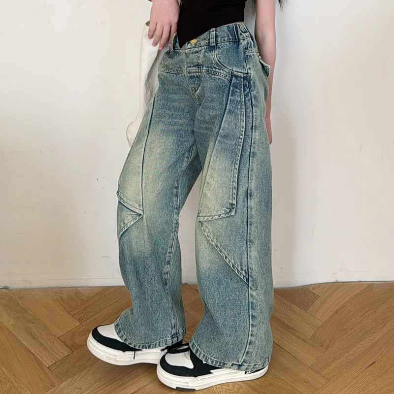 Girls Jeans Korean Loose Wide leg Pants Children Straight leg Jeans Kids Pans Trendy 120-170CM 240701
