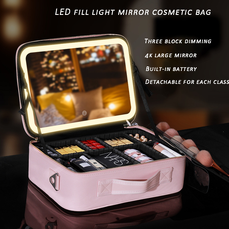 PU Cosmetic Case With Adjustable Brightness LED Mirror Women Portable Large Capacity Travel Toiletry Makeup Jewelry Storage