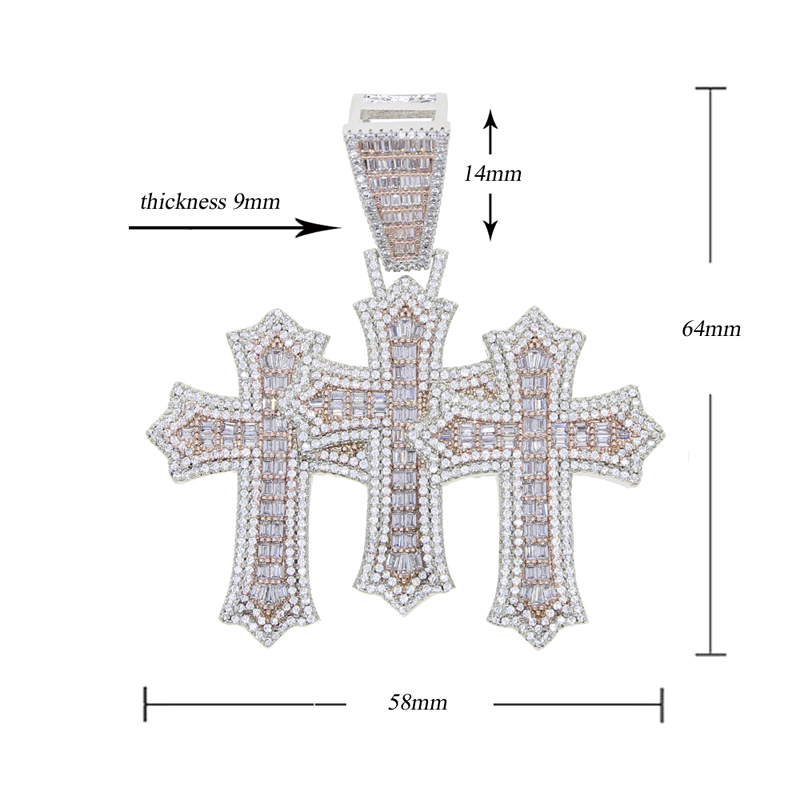 High Quality 3pcs Cross Set Pendant Necklace Iced Out Bling Cz Cubic Zirconia Link Chain Luxury Hip Hop Jewelry for Gift