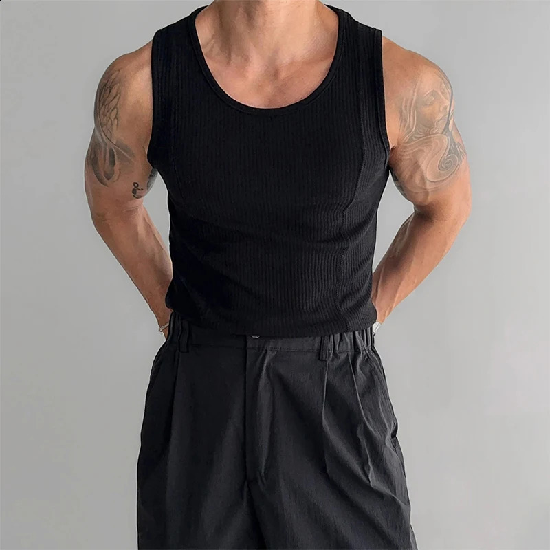Streetwear Mens Casual Simple Pure Color Vest 2024 Summer Leisure Breathable Slim Elastic Ribbed Camisole Men Vintage Tank Tops 240701