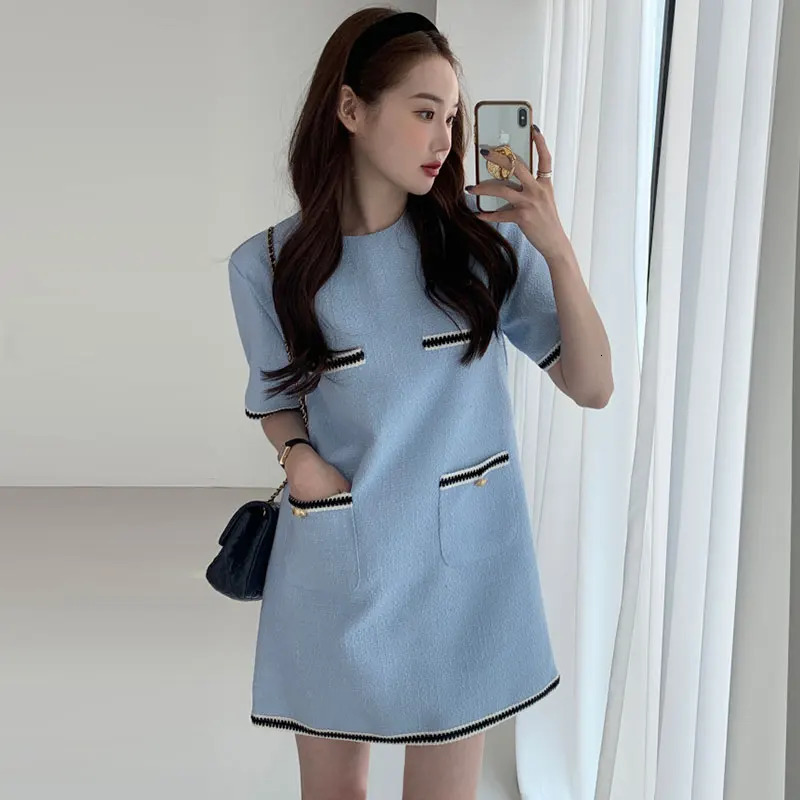 Simple O Neck Contrast Pocket Loose Short Sleeve Tweed Dress Women Vestidos Mujer Elegant Wrap Hip Y2k Korean Robe 240625