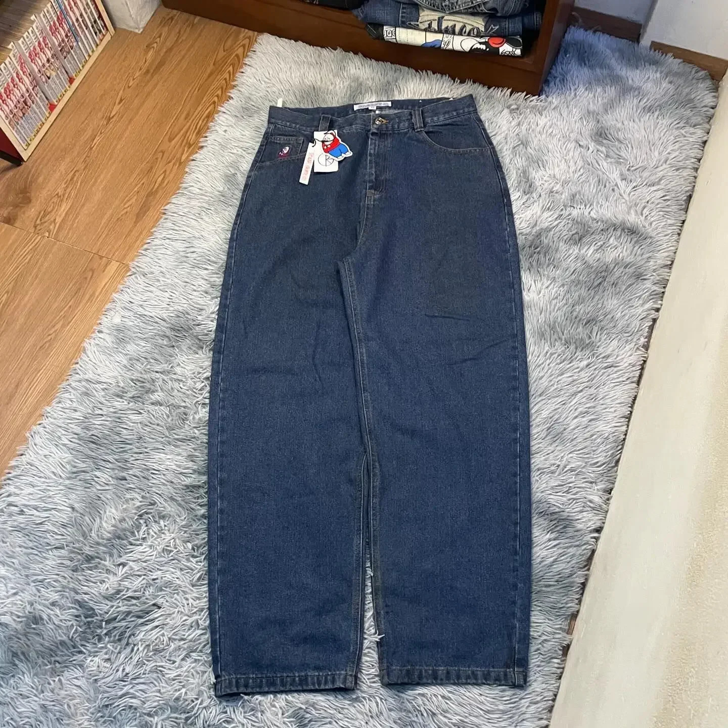 Hip Hop Cartoon Street Clothing Polar Big Boy Jeans Embroidered Y2K Pants Retro Blue Pocket Jeans Mens High Waist Wide Trouser 240701