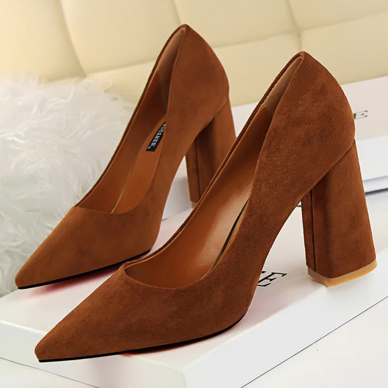 8.5cm High Elegant Pumps Women Lady Wedding Block Heels Scarpins ck Suede Red Brown Nightclub Event Party Office Shoes