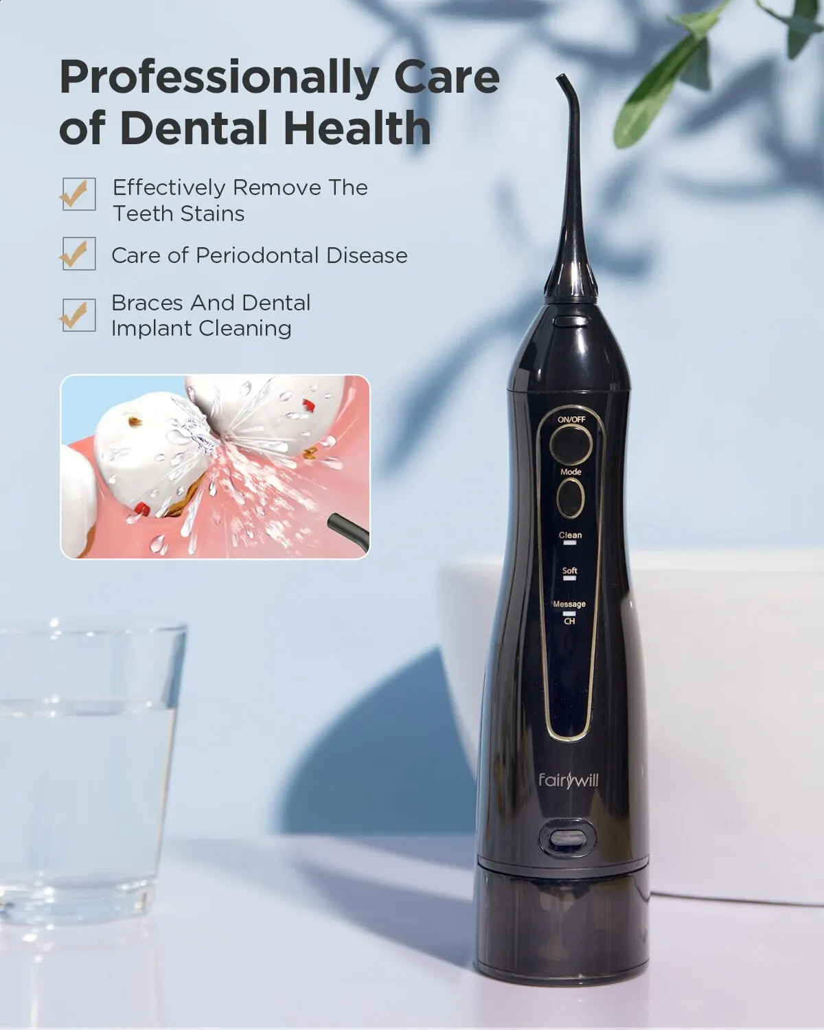 Fairywill Water Flossers Oral Irrigator Rechargeable Portable Dental 3 Modes Water Teeth 300ML Waterproof Teeth Cleaner 240701