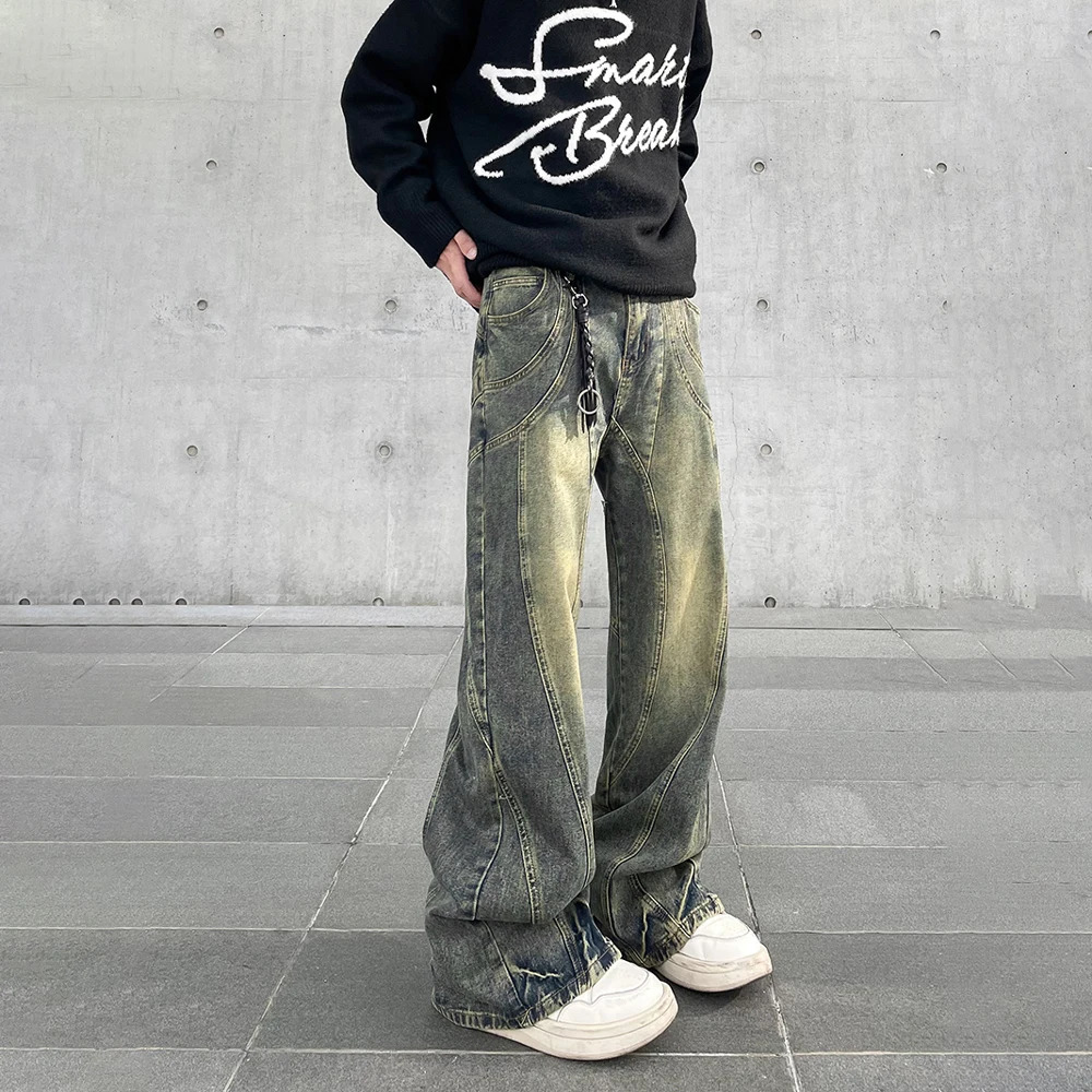 Vintage Flared Jeans Men Wide Leg Baggy Trousers Autumn Streetwear Fashion Distressed Original Street Y2k Denim Pants Winter 240701