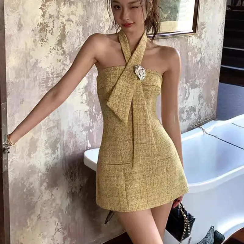 PREPOMP Summer Arrival Sleeveless Strapless Petal Applique Necktie Halter Yellow Tweed Short Mini Dress Women GP584 240625