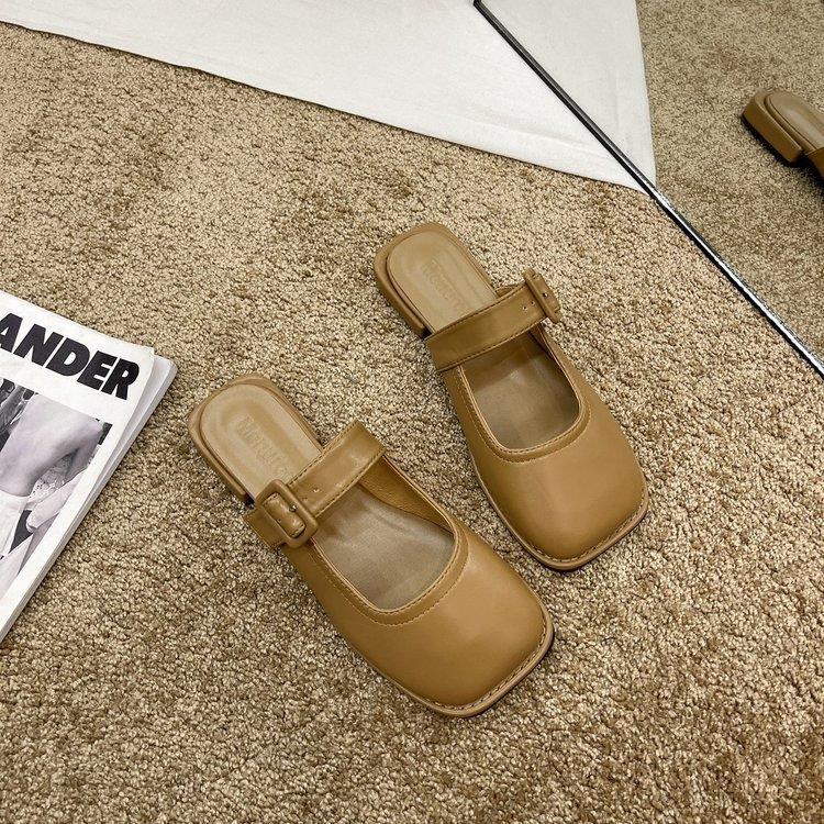 Korean mango head sandals for women to wear 2022 spring and summer new gentle wind baotou flat bottom square toe semi-slippers women's shoes