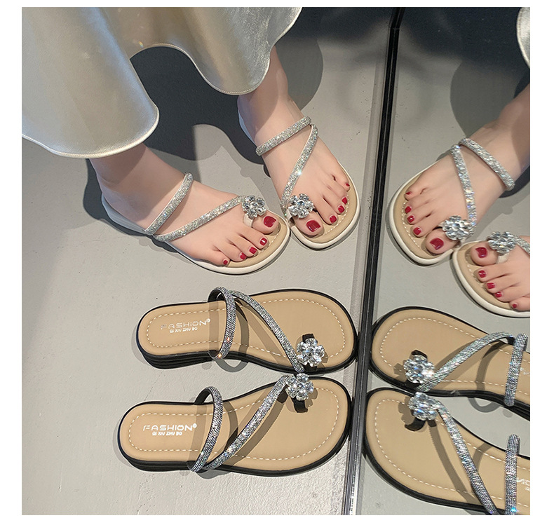 Bright diamond low-heeled sandals women's summer wear 2024 new versatile skirt slippers