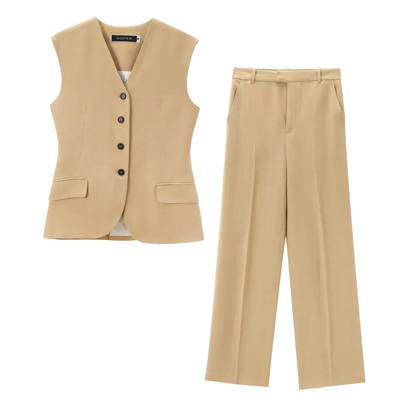 Two Piece Sets Womens Vest Blazers Pant Suit Khaki Jackets Sleeveless Outwear inszartrafz Summer With Button Tops Woman 240627