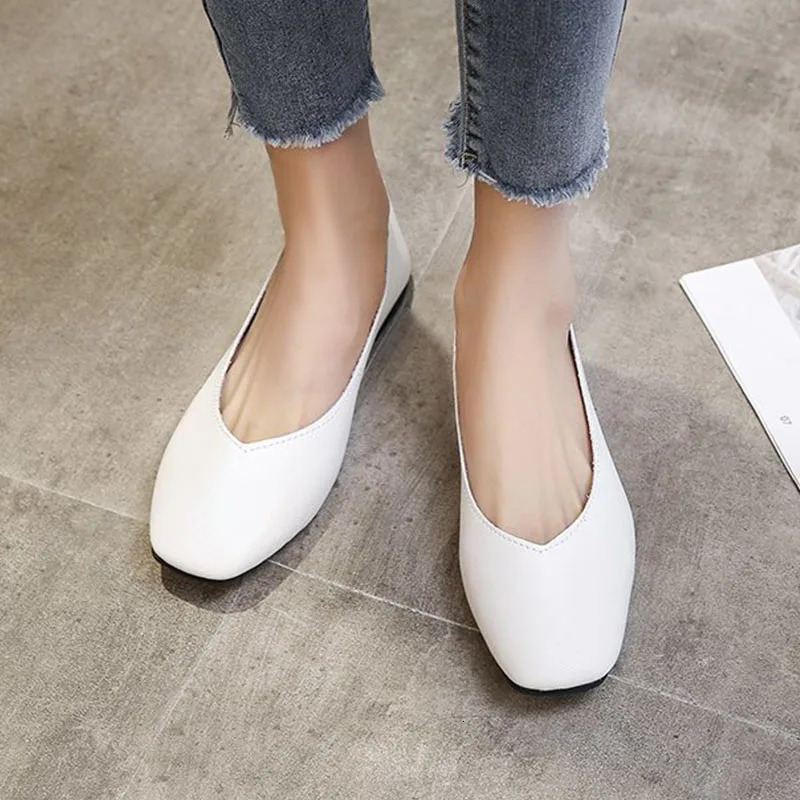 Autumn Womens Single Slip on Soft Sole Casual Office Lady Leather Shoes Loafers Fashion Square Toe Shallow Flats 240701